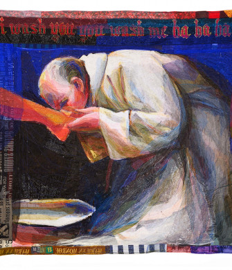 Assembled fabrics artwork "I Wash You You Wash Me Ha Ha Ha" by Hassan Musa - The pope bathing the feet of his believers
