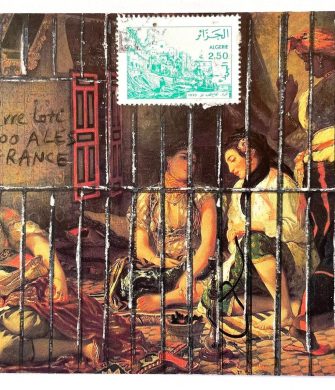 (Alger women held in their appartments) (After Delacroix), ink drawing and collage on postcard, 15x10,5cm; 1994